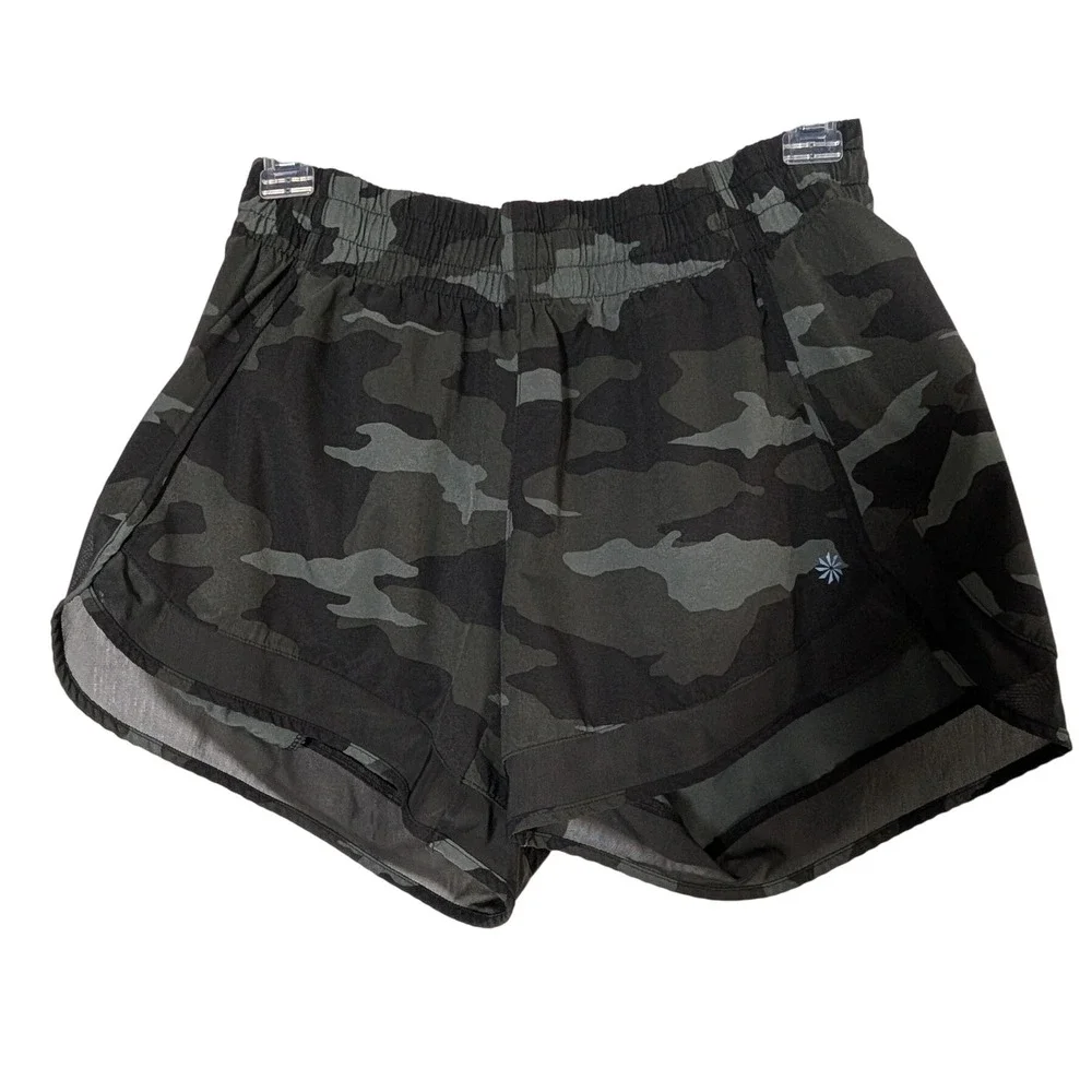ATHLETA Mesh Racer Run Short Olive‎ Camo Lux Running Workout 446581 Womens Small
